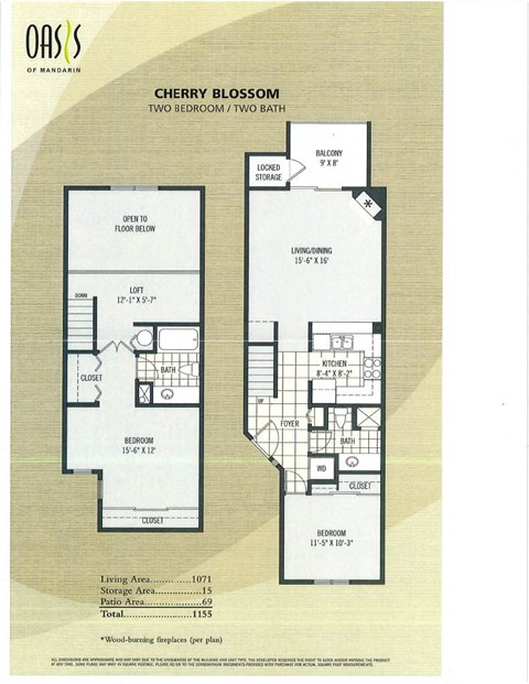 Floor plan for 2 beds, 2 baths, 1155 sqft
